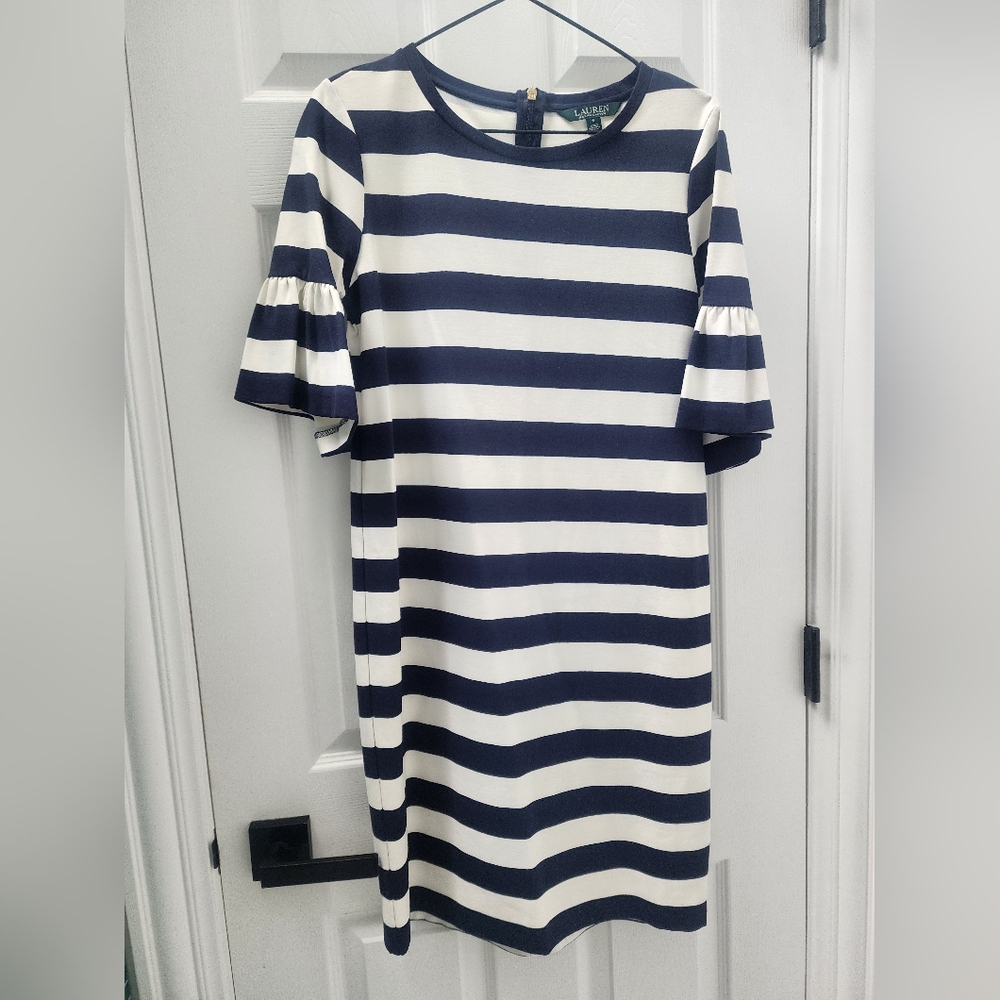 Ralph Lauren Navy and Cream Striped Midi Dress